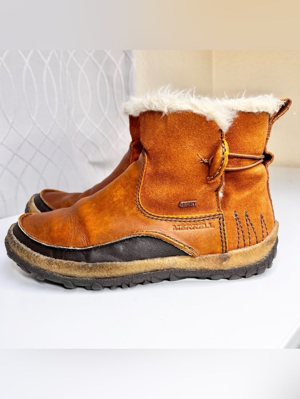 MERRIL Boots Suede Leather POLAR TREMBLANT  Fur Lined Cognac Brown Size 8  38.5